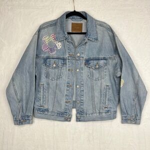 Levi's Premium 90's Trucker Jacket Womens M Fresh As A Daisy Patchwork Jean Coat